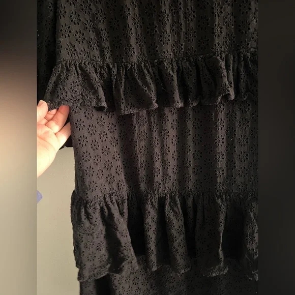 Madewell Black Eyelet Lace Dress Ruffle Tiered Mini Size 0 XXS Boho Cottagecore - Picture 3 of 6